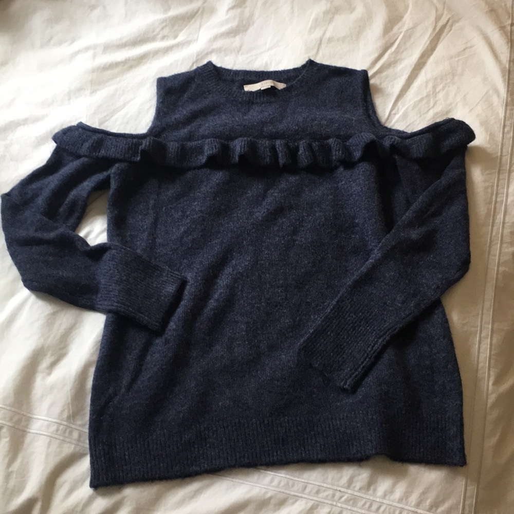 Loft blue ruffle open sleeve sweater small S